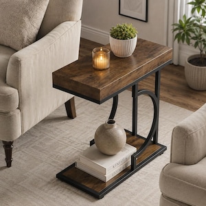 May include: A C-shaped side table with a dark wood grain finish and a black metal frame. The table features a rectangular top surface and a lower shelf. A white ribbed planter, a glass candle holder, a ceramic vase, and two books are placed on it.