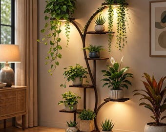 65" Tree Plant Stand with Grow Lights, 9 Tier Indoor Plant Shelf, Corner Plant Stand, Tall Metal Wood Flower Display Rack Home Decor