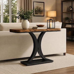 May include: A console table with a rectangular wood-grain top and a black metal base featuring two curved, intersecting supports. The table holds a white ribbed vase with green foliage, a stack of two books, a brown bowl, and a black lantern.