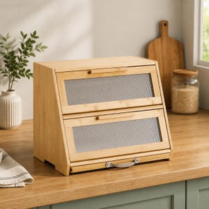 May include: A two-tier bamboo bread box with a slanted front design. Each tier features a rectangular door with a clear, vertically ribbed glass panel and a horizontal wooden handle. The base tier includes a small metal handle for opening.