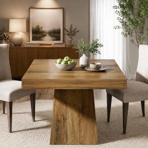 May include: A square wooden dining table with a central pedestal base, featuring a light brown wood grain finish. The table is set with a grey bowl containing green apples, a small white vase with greenery, and a small grey bowl on a plate.