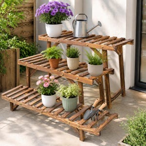 May include: A three-tiered wooden plant stand with a dark brown finish, holding various potted plants including purple flowers, green foliage, and pink blossoms. A silver metal watering can and two small gardening hand tools sit on the shelves.