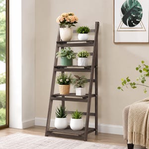 4 Tier Foldable Wooden Plant Stand, Rustic Paulownia Wood Ladder Shelf, Indoor Outdoor Plant Rack, Bookshelf, Farmhouse Decor