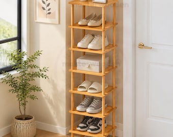 8 Tier Bamboo Shoe Rack, Tall Narrow Vertical Shoe Organizer, Slim Freestanding Storage Shelf for Entryway Bedroom