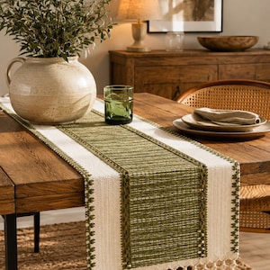 Peut inclure: Un chemin de table rectangulaire doté d'un panneau central tissé vert olive bordé de bandes couleur crème. Les bords sont ornés d'une petite bordure décorative verte, et les extrémités sont terminées par de longues franges nouées couleur crème.