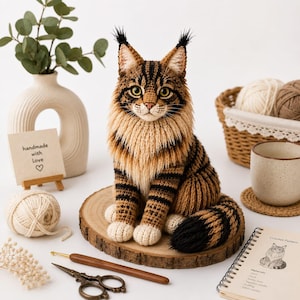 May include: A crocheted Maine Coon cat figurine with brown and black tabby stripes, a cream-colored chest, and tufted ears. The cat sits on a round wooden slice, surrounded by yarn balls, a crochet hook, scissors, and a notebook with a cat sketch.