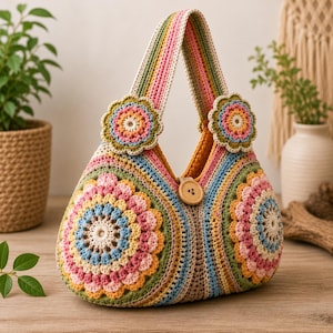 Puede incluir: Un bolso de ganchillo con un patrón floral multicolor en tonos rosa, azul, amarillo y verde. El bolso tiene una sola asa, dos grandes motivos florales circulares en los laterales y un cierre central de botón de madera en la parte superior.