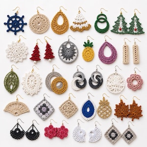 May include: A collection of various crochet earrings featuring diverse shapes and colors, including navy blue ship wheels, beige circles, yellow teardrops, white triangles, green rings, pine trees, snowflakes, pineapples, and floral patterns.