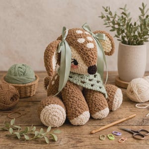 May include: A crocheted deer plush toy featuring brown and cream yarn, white spots on the head and back, a dark brown nose, and pink cheeks. The deer wears a light green crocheted scarf and two light green satin ribbons tied to its ears.