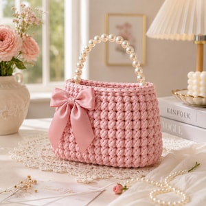 Pink Crochet Handbag Pattern, Pearl Handle Bow Purse Tutorial (PDF Download)