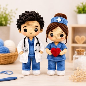 May include: Two crocheted dolls representing medical professionals. One doll has dark curly hair, a white lab coat, and a stethoscope. The other doll has brown hair in a bun, a blue nurse cap with a white cross, and holds a small red heart.