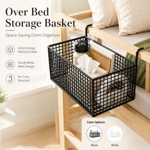 May include: A black rectangular metal wire mesh storage basket with two hooks for hanging over a bed frame. The basket contains a water bottle, a notebook, a tissue box, and a white object. Text on the image reads Over Bed Storage Basket.