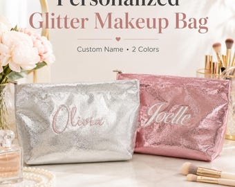 Trousse de maquillage pailletée personnalisée, trousse de maquillage personnalisée avec nom, organiseur de produits de toilette de voyage brodé, élégant et polyvalent.