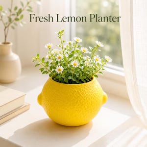 Lemon Shaped Planter Pot, Cute Fruit Flower Pot for Succulents Cactus, Yellow Ceramic Style Desktop Plant Decor, Home Office Gift