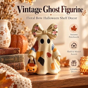 Vintage spökfigur, blommig rosett Halloweendekor, söt lapptäcksspökstaty