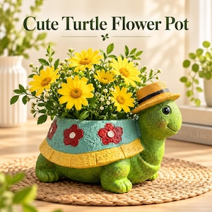 May include: A green turtle-shaped flower pot with a textured teal shell featuring red flower accents and a yellow border. The turtle wears a small straw hat and contains a cluster of bright yellow daisies. The text reads Cute Turtle Flower Pot.