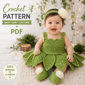 Modello all'uncinetto per costume da fatina per neonata in formato PDF, vestitino ispirato a Trilli, da 0 a 12 mesi, scarpe, fascia per capelli e accessorio per foto.