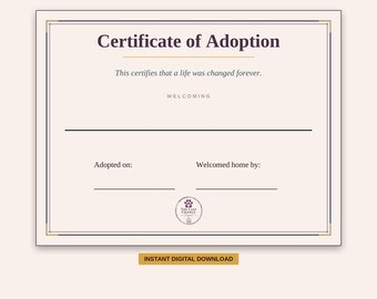 Dog Adoption Certificate Printable - Personalized Pet Adoption Announcement, Instant Digital Download