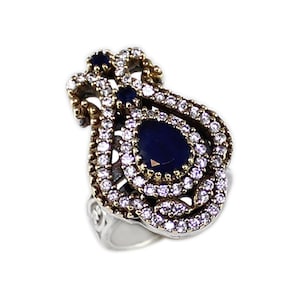 Turkish Handmade Authentic Ottoman Sapphire & Cubic Zirconia Gemstone Vintage Style Ring Size 8.5 : T718