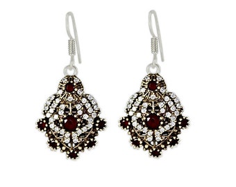 Turkish Handmade Authentic Ottoman Ruby & Cubic Zirconia Gemstone Vintage Style Earring Size 1 7/8&quot; :T1238
