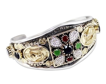 Turkish Handmade Authentic Ottoman Ruby Emerald Sapphire Cubic Zirconia Gemstone Vintage Style Cuff Bangle Bracelet Size Adjustable :T1023