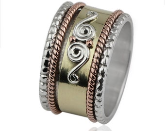 Handmade Bohemian Boho Silver Plated Copper Brass Tri Color Spinner Band Ring Handmade Bohemian Boho Silver Plated Copper Brass Tri Color Spinner Band Ring