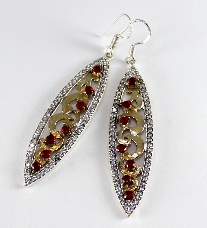 Turkish Handmade Authentic Ottoman Ruby & Cubic Zirconia Gemstone Vintage Style Earring Size 2" :T588