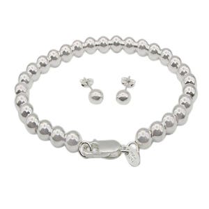 6MM Beaded Bracelet with 6MM Stud Handmade Solid 925 Sterling Silver Bracelet & Earring Set Size 7&quot; Or 8&quot; :BC-6
