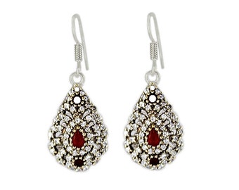 Turkish Handmade Authentic Ottoman Ruby & Cubic Zirconia Gemstone Vintage Style Earring Size 1 7/8&quot; :T1254