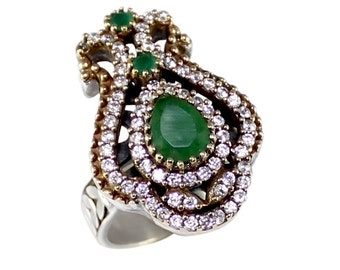 Turkish Handmade Authentic Ottoman Emerald & Cubic Zirconia Gemstone Vintage Style Ring Size 9.5 : T716