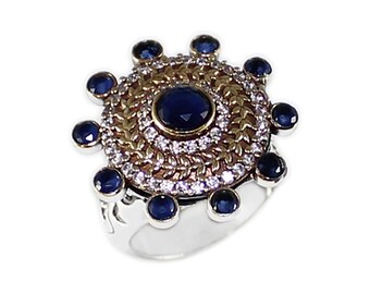 Turkish Handmade Authentic Ottoman Sapphire & Cubic Zirconia Gemstone Vintage Style Ring Size 9.5 : T721