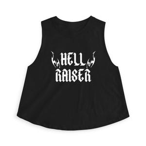 May include: A black sleeveless tank top featuring the white text HELL RAISER printed in a bold, stylized gothic font across the chest, accompanied by symmetrical flame-like graphic accents on both sides of the word HELL.