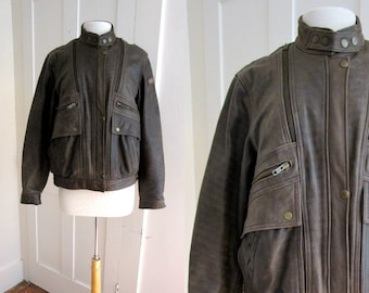 1980s Vintage Leather Jacket - Motorcycle -Hein Gericke - Brown Leather - Zip Sleeves - Zip Air Vents at Shoulders - Bomber Jacket