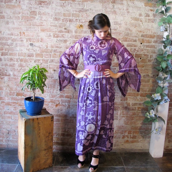 Vintage 1970's Boho Hippie Dress - Maxi - Purple Print - Bell Sleeves - Sheer Fabric Dress