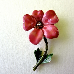60s Dusty Rose Enamel Brooch - Flower Pin - Gold Tone - Costume Jewelry - Pink Red - Green Leaves pin
