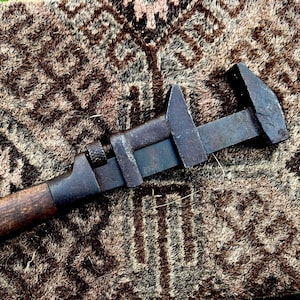 Antique large iron wrench L Coes 1800s wood handle monkey wrench pipe wrench