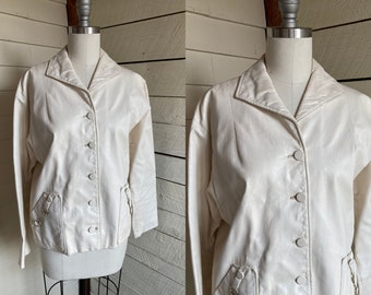 60s white leather jacket mid century car coat pockets brass hardware