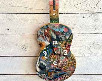 Clock handmade wood guitar decoupage cats fish dogs