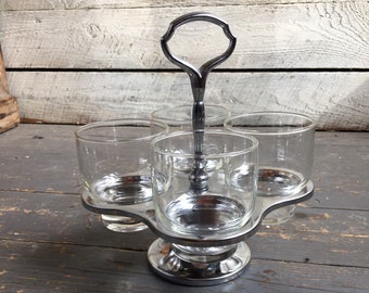 Bargerei uit het midden van de eeuw - lazy Susan-drankhouder - verchroomde houder - 4 glazen - bekers - drankservies jaren 60 - barwaren
