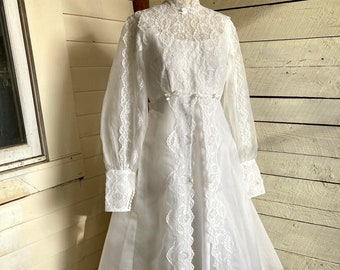 60s Chiffon lace wedding dress high lace neck empire waist long full chiffon sleeves lace bodice train lace overlay