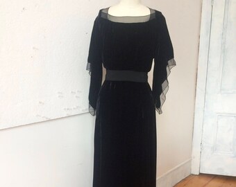 Vestido formal de terciopelo de seda negro de los años 20 y 30 - Elegante - Maxi - Vestido largo - Escote cuadrado