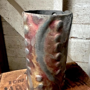 Raku vase ceramic tall pot iridescent glaze primitive handmade  signed on bottom