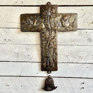 Cross punched tin folk art hanging wall decor birds and flower Mexico