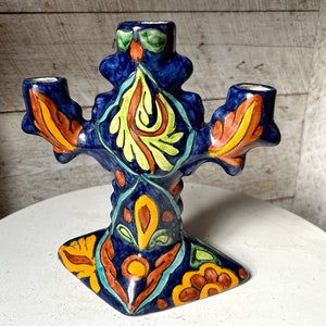 Terracotta candle holder candelabra Mexico colorful ceramic tonala