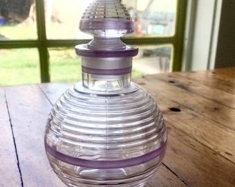 30s Art Deco round bottle - purple stripe - ribs - clear glass - stopper - 20s