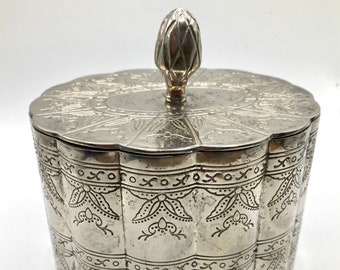 Silver trinket box etched design lid red satin lining jewelry storage scallop oval shape pineapple finial