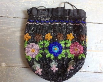 Antique Victorian Beaded Purse floral design drawstring pouch Edwardian