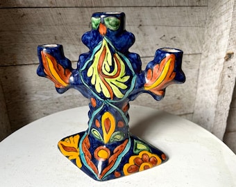 Terracotta candle holder candelabra Mexico colorful ceramic tonala