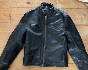 Black leather motorcycle jacket - cafe racer - mens  Lesco Leathers - faux fur zip in lining - size 42