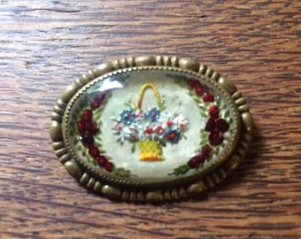 Victorian enamel brooch - oval brooch - vintage pin - flowers - basket - floral brooch - brass - domed glass - beveled glass - c clasp